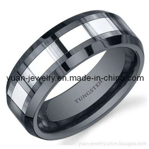 Beveled Edge 8mm Comfort Fit Mens Black Ceramic and Tungsten Combination Wedding Band Ring
